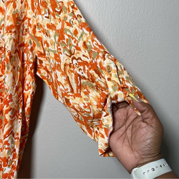 NEW Emily Daniels Women Top 2X Orange‎ Paisley Button Front Roll Tab 3/4 Sleeve - Picture 2 of 8